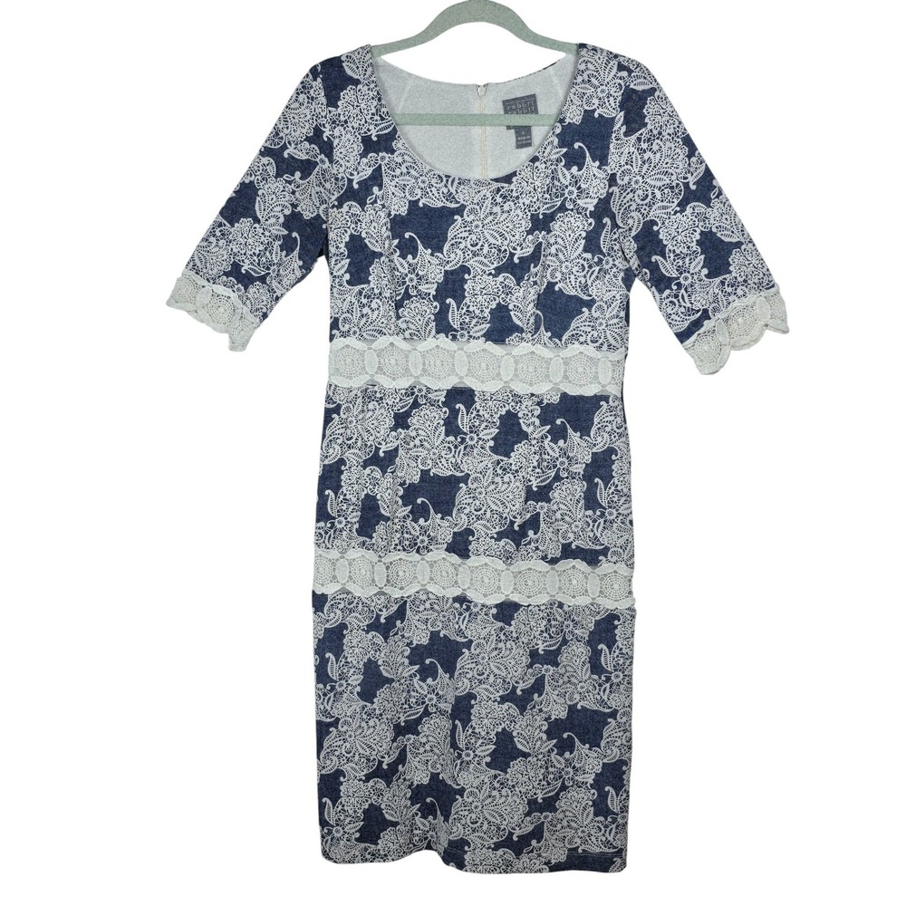 Rabbit Rabbit Designs Dress Woman Size 8 Blue White Paisley Lace Trimmed Midi
